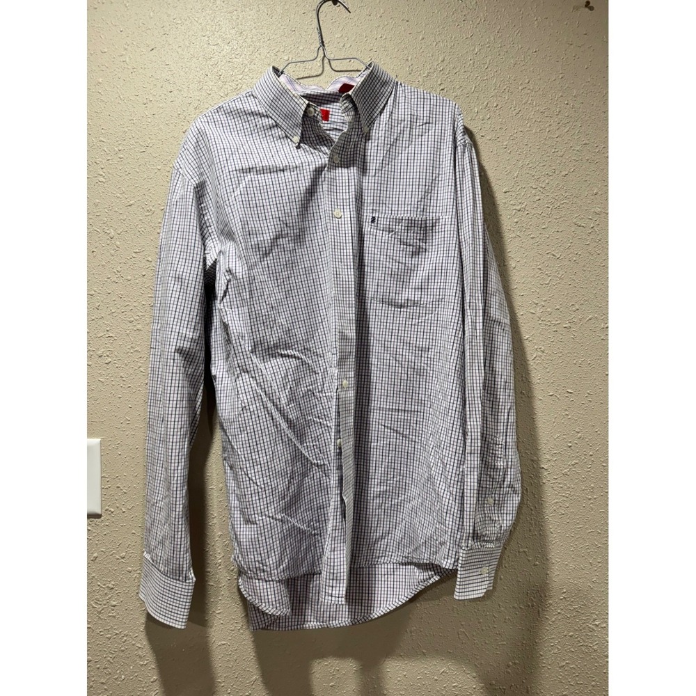 Izod Mens Large Purple‎ White Check Long Sleeve Button Down Cotton Shirt